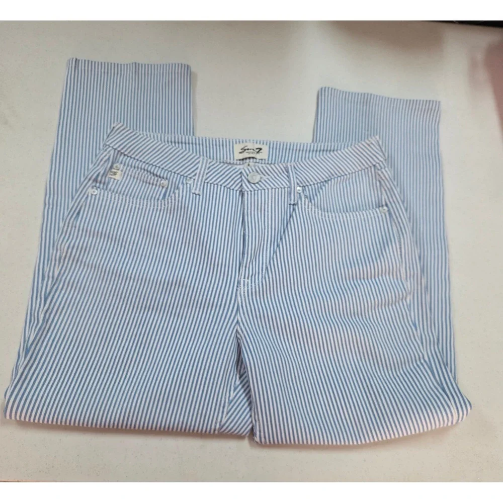 Seven7 Women Blue White Vertical Striped Straight Leg Denim Jeans Size 8